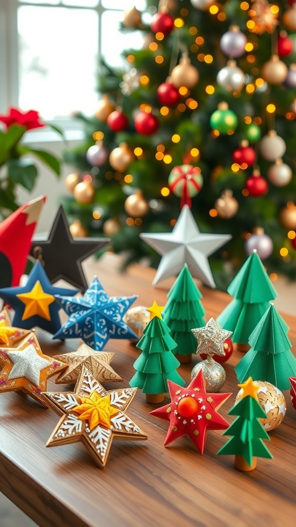 3D DIY Christmas Ornaments Colorful 3D DIY Christmas ornaments made from paper and felt, displayed on a table with a Christmas tree in the background.